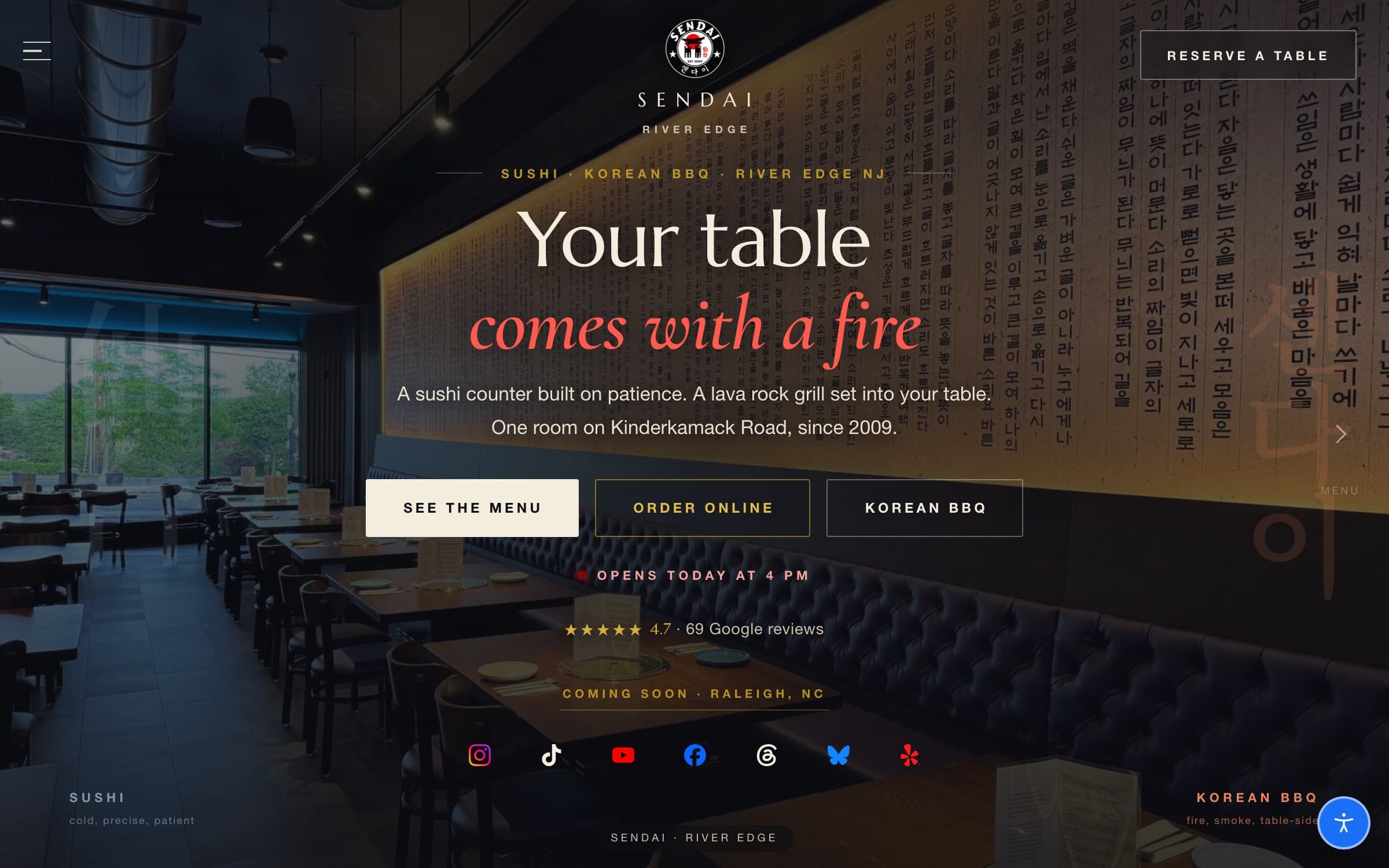 Sendai River Edge homepage — Your table comes with a fire, with See the Menu, Order Online and Korean BBQ buttons