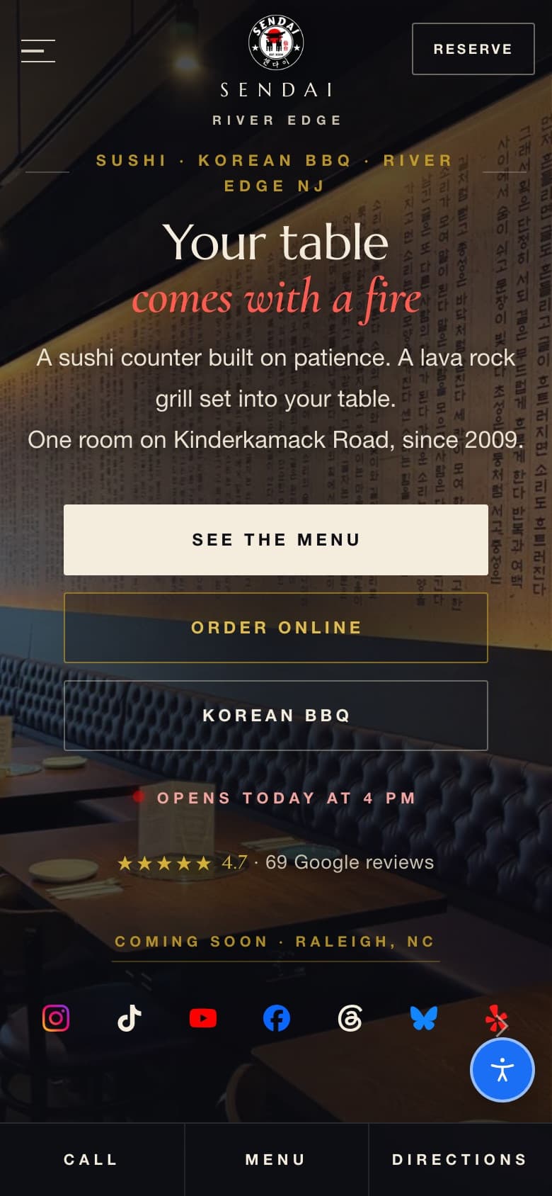Sendai website on a phone, with Call, Menu and Directions along the bottom