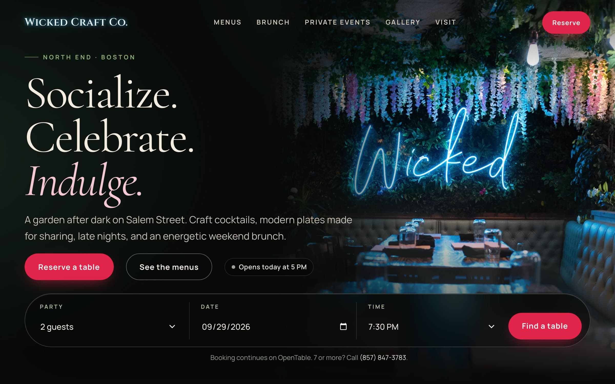 Wicked Craft Co. homepage — Socialize. Celebrate. Indulge., with a party, date and time booking bar