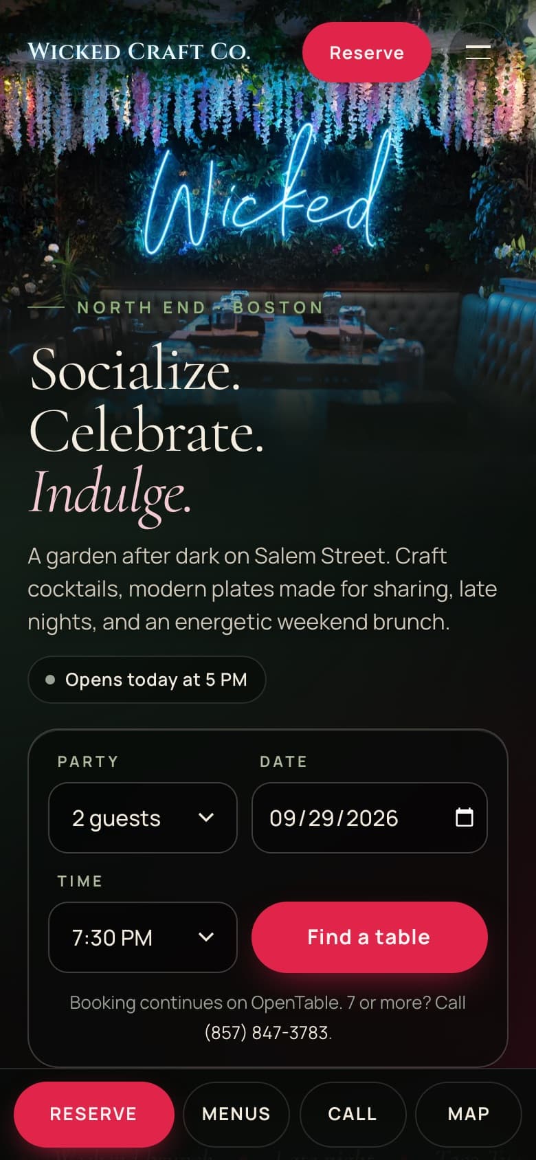 Wicked Craft Co. website on a phone, with Reserve, Menus, Call and Map along the bottom